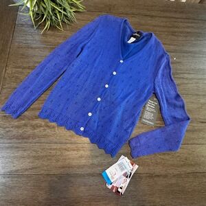 VTG NWT John Roberts Blue Knit Crocheted Eyelet Cardigan Button Front Sweater M